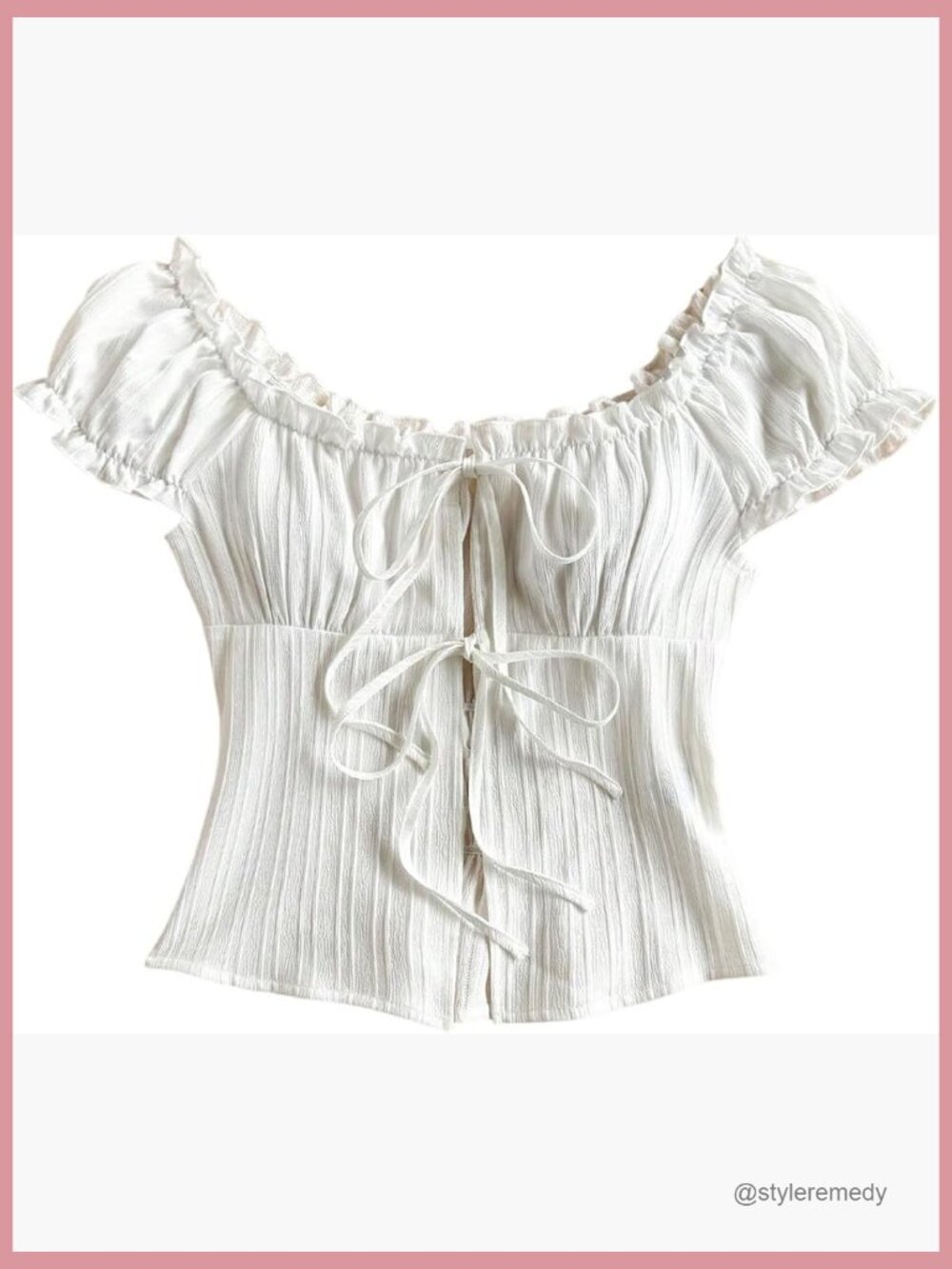 Bow Tie Front Ruched Blouse with Puff Sleeve Square Neck - Picture 1 of 5